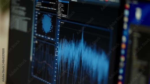 Close-up of a computer monitor displaying real-time signal analysis with blue waveform and frequency spectrum graphs across multiple panels within a data visualization interface.