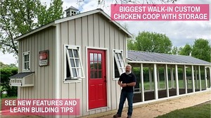 Our biggest and best Craftsman Chicken Coop build ever. This custom coop was installed in Dryden, Michigan, just outside Detroit. It has a 10'x10' henhouse/storage shed combination with a 30' run, bringing the overall footprint to 10'x40'. This coop has true board and batten and sandwiched walls construction. It has a fully functional cupola and tons of storage inside the henhouse/shed area. It also has the roof line going in two different directions for a great look accented by a bold red door.