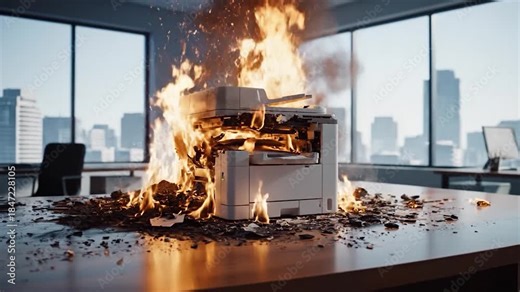 Office printer on fire with flames and smoke in a modern workspace environment showing technology malfunction