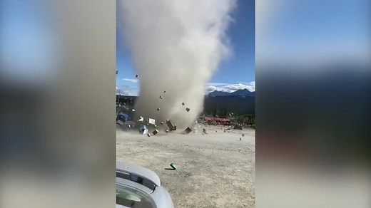 Watch as this powerful dust devil completely destroys a fruit stand in Haines Junction, Yukon. Video: Nicholas Williams | CBC North