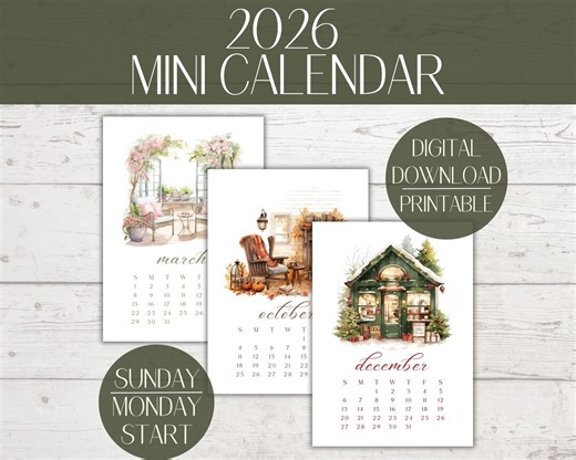 Watercolor Mini Calendar 2026: Printable Desk or Wall (5x7) (digital Download) - Etsy