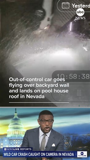 @abc7newsbayarea on Instagram: "Wild video shows a car flying over a backyard wall and landing on the roof of a pool house in Laughlin, Nevada. The homeowner can be seen rushing out to help the driver. He said she wasn't seriously hurt."