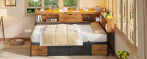 Corner Bed Frame Twin Size with 6 Drawers and Storage Bookcase, Twin Daybed with Charging Station & Led Lights, Metal Platform Beds for Living Room Bedroom, Brown