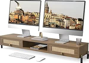 Fenge Dual Monitor Stand for Desk - Long Wooden Riser With Rattan Woven Drawer, 2 Tier Desk Shelf for 2 Monitors, Vintage Computer Stand for Laptop, Printer, TV