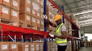 African American young man stock check and barcode scan in the warehouse. Holding a digital tablet in his hands.