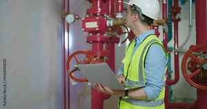 Engineer in safety gear inspecting red industrial pipes while holding using laptop in a factory environment, ensuring proper maintenance and functionality.