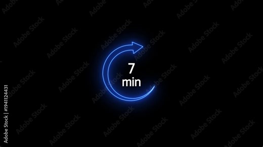 Blue neon timer with 7 minute countdown on black background for transitions and timers timer transition