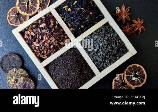 A box of various dry teas, black, green, herbal, and fruit. A set of different tea varieties Stock Video Footage - Alamy