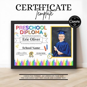 Editable Preschool Diploma Template, Photo Graduation Certificate Printable, Kindergarten Diploma, Digital Download - Etsy
