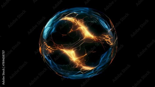 Animation of a sphere with striking lightning and on a black background. The movement of an electric charge inside a transparent sphere.
