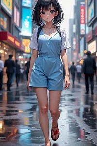 雨夜を歩く猫耳の影 雨が静かに降り続く夜の街を、猫耳の女性がゆっくりと歩いていく。