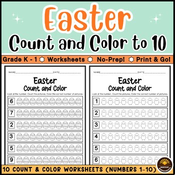 Easter Count and Color Worksheets | Counting to 10 | Grade K–1 | No Prep