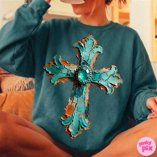 Western Cross PNG: Turquoise Gemstone Brushstroke Realistic Paint Sublimation Design, Rustic Faith Spiritual File - Etsy