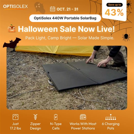 🎃 Halloween Sale Now Live! Save 43% on solarbag, now only $399.99! 🏆 50% Smaller – folds like a briefcase, slides under your seat. 🌟 50% Lighter – only 17.2 lbs, easy as carrying your cat. ✨ Just unfold. Plug in. Power up. Adventure never waits. 💰 Save $300 today and make every trip fully powered. | OptiSolex