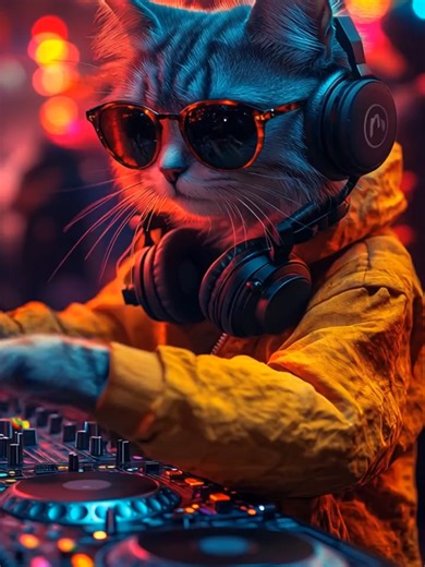 cat-dj-music-disco-atmosphere A Cat DJ mixes music in a disco in a crazy atmosphere.