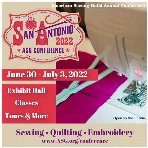 ASG Conference is a weekend full of sewing and quilting creativity, ideas, problem-solving, and fun. And it's open to everyone! Join us in San Antonio June 30 - July 3, 2022 to learn from popular instructors, shop for notions, fabrics, patterns, supplies, and much more. See our class schedule at https://www.asg.org/resources/conference/. #americansewingguild #sewing #sewingaddict #sew #sewistsofinstagram #homesewing #lovetosew #sewinglove #garmentsewing #fashionsewing #sewcialists #diyfashion #q