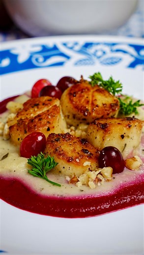 Adam Pike - Go Make A Difference on Instagram: "Here’s the final shot from today’s behind-the-scenes video…🔥👨‍🍳 I saw this dish posted this morning by @jollyrogercookingco (from the @foragerrestaurant ) and it looked so unreal that I had to try my own version. I’ve honestly never made anything like this before, but it turned out way better than I expected🎯 The base is a pickled beet purée, topped with a little cod chowder, finished with pan-seared scallops, pickled cranberries, and toasted w