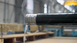 Close-up of a hot metal tube with lots of steam flying around it. Vapours of steam coming out of the manufactured hot tube at the factory. Steam surrounding the produced hot steel tube.