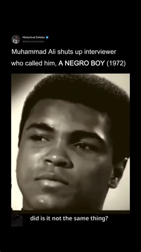 Celeb history | Past & Facts on Instagram: "During the late 1960s, Muhammad Ali famously shut down an interviewer who referred to him as a “Negro,” firmly asserting his pride and identity as a Black man. Rejecting the outdated and racist term, Ali corrected the interviewer by saying that “Negro” was a name given by white people and that he preferred to be called what he chose for himself — “Black” or “Afro-American.” The exchange highlighted Ali’s powerful sense of self and his refusal to let ot