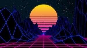 Bucle retro futurista de ciencia ficción de los años 80. Retrowave VJ videogame paisaje con luces de neón y bajo terreno de pólvora. Animación estilizada en 3D con montañas, sol y estrellas brillantes. 4.000
