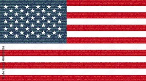 Binary code on flag of United States. Program source code or Hacker concept on American or United States of America flag. USA digital technology security, hacking or programming