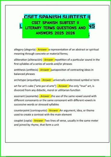 CSET SPANISH SUBTEST II LITERARY TERMS QUESTIONS AND ANSWERS 2025 2026 video
