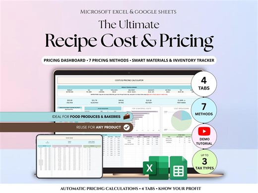 Recipe Cost and Pricing Calculator Spreadsheet for Bakery Business 7 Pricing Methods Easy Pricing Tool Cost and Profit Excel Google Sheets - Etsy