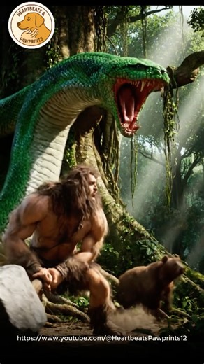Will the prehistoric man save the bear cub from the giant python? #prehistoricman #animalrescue