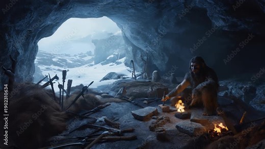 Neanderthal Man Tending Fire in Cave – Primitive Lifestyle, Ancient History, Prehistoric Survival, Stone Age Scene.