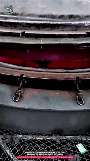 Induction melting furnace emitting open flame during 1600°c steel melting process