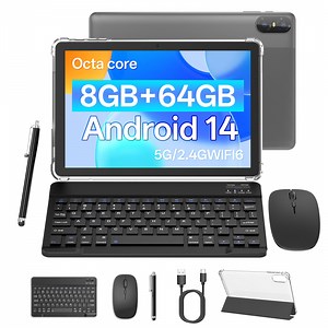 Android 14 Tablet with Keyboard 10 Inch 2 in 1 Tablets,Octa Core 2.4GHz CPU Tablet PC,8GB RAM 64GB ROM 1TB Expand,5G WiFi 6 BT 5.0,6000mah Battery Tablet with Keyboard Case Mouse - Grey