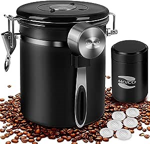 Yeegfeyzz Coffee Canister, MOICO Stainless Steel Coffee Containers with One Way Co2 Valve, Scoop and Travel Jar, Airtight Coffee Storage Container for Ground Coffee, Tea, Sugar, 16oz+0.65oz (Black)