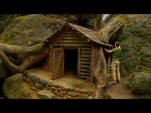Man Builds COZY Round Log Cabin Under a GIANT Fallen Tree