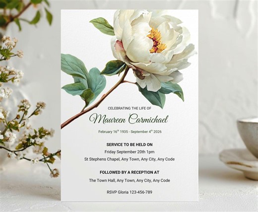 White Rose Funeral Invitation Template, Celebration of Life Invite, Editable & Printable Digital Download - Etsy