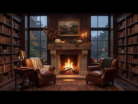 Cozy Fall Library Ambience 🍂 Fireplace, Rain, Wind & Soft Piano for Reading, Studying & Relaxing