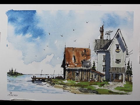 Line and wash coast scene,watercolor tutorial in Real time,for beginners.Nil Rocha