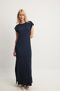 Crinkled Quality High Slit Maxi Dress Navy