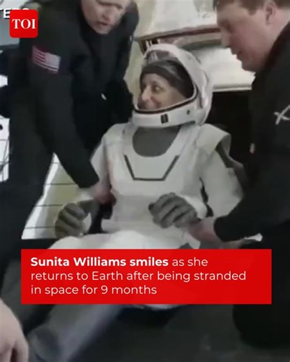 Watch | #SunitaWilliams smiles as she returns to Earth after being stranded in space for 9 months #NASA's #SpaceX Crew-9 — astronauts #NickHague, #ButchWilmore, Sunita Williams, and Roscosmos cosmonaut #AleksandrGorbunov — returned to Earth today | The Times of India
