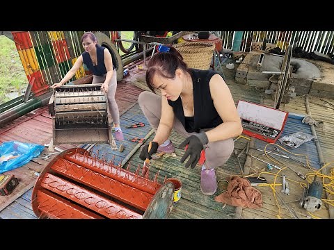 Genius girl repairs and restores broken rice threshing machine
