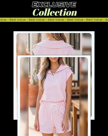 Pink Plaid Zip Neck Sleeveless Top Elastic Waist Shorts Casual Two Piece Short Set