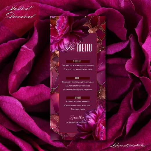 Floral Printable Birthday Party Menu Template Burgundy, Editable Menu Card, Birthday Dinner Table Menu Download - Etsy