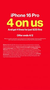 Get our best price ever. Save on iPhone 16 Pro and 4 lines. Hurry, offer ends 4/2 | Verizon