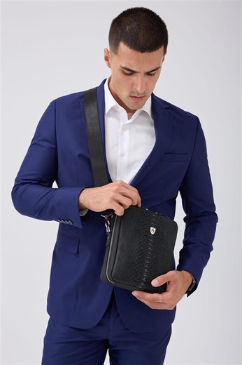 Mens Black Leather Crossbody Bag Python Pattern Handmade Small Sling Bag for Men Gift