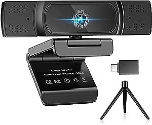 4K Webcam with Microphone, Nisheng 8MP Autofocus Webcam with Privacy Cover and Tripod, Plug and Play USB Computer Web Camera with Adapter for Pro Streaming/Online Teaching/Video Calling/Zoom/Skype