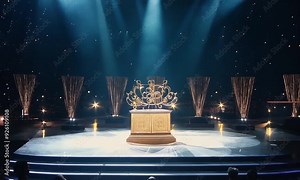 golden laurel wreaths with confetti sequins falling from above, creating the atmosphere of the award ceremony