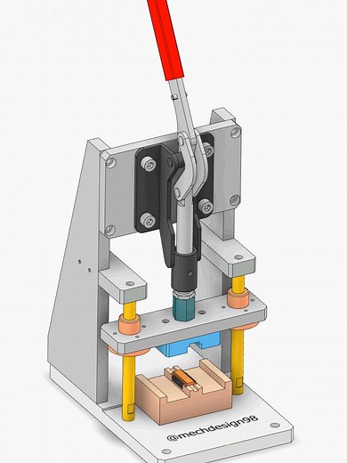 Manual Toggle Press Fixture | Simple Mechanical Press Mechanism ✅ This video demonstrates a Manual Toggle Press Fixture, commonly used in assembly, forming, and inspection processes. The mechanism converts a small manual force into a strong pressing motion through a toggle linkage system — a simple, durable, and low-cost solution widely applied in production and testing jigs. 🔩 Mechanism Components: 1 × Toggle Clamp – Side Push (Flange Base) 2 × Linear Guide Shafts 2 × Oil-Free Bushings The ope
