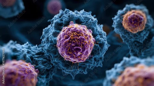 Close-up view of cancer cells with visible mutations under a microscope showing detailed structure and activity in a laboratory setting