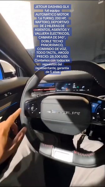 JETOUR DASHING GLX full equipo AUTOMÁTICO MOTOR 1.6 TURBO, 200 HP, NAFTERO, DEPORTIVO DE 2 HILERAS DE ASIENTOS, ASIENTOS Y VALIJERA ELECTRICOS, CAMARA DE 540°, DOBLE TECHO PANORÁMICO, COMANDO DE VOZ, TODO TACTIL, ARO20 PRECIO: 28.500 USD. Contamos con todos los repuestos del representante, garantía de 5 años