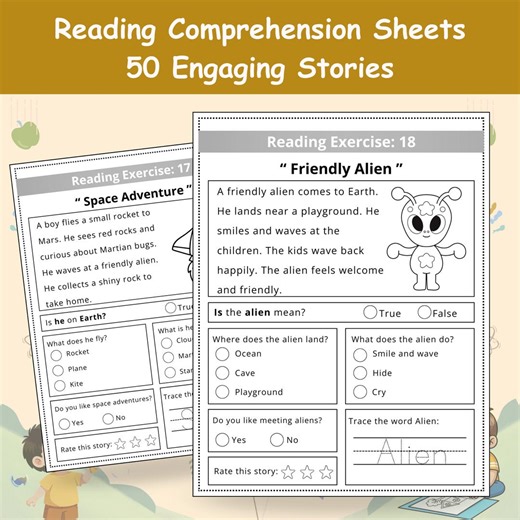 Reading Comprehension Worksheets Kindergarten First Grade, Early Sentence Reading Stories PDF - Etsy