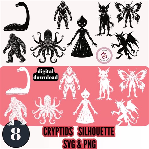 Cryptids Silhouette Bundle Black & White SVG PNG Files Mythical Creature Clipart Bigfoot, Nessie, Chupacabra, Mothman Digital Download - Etsy
